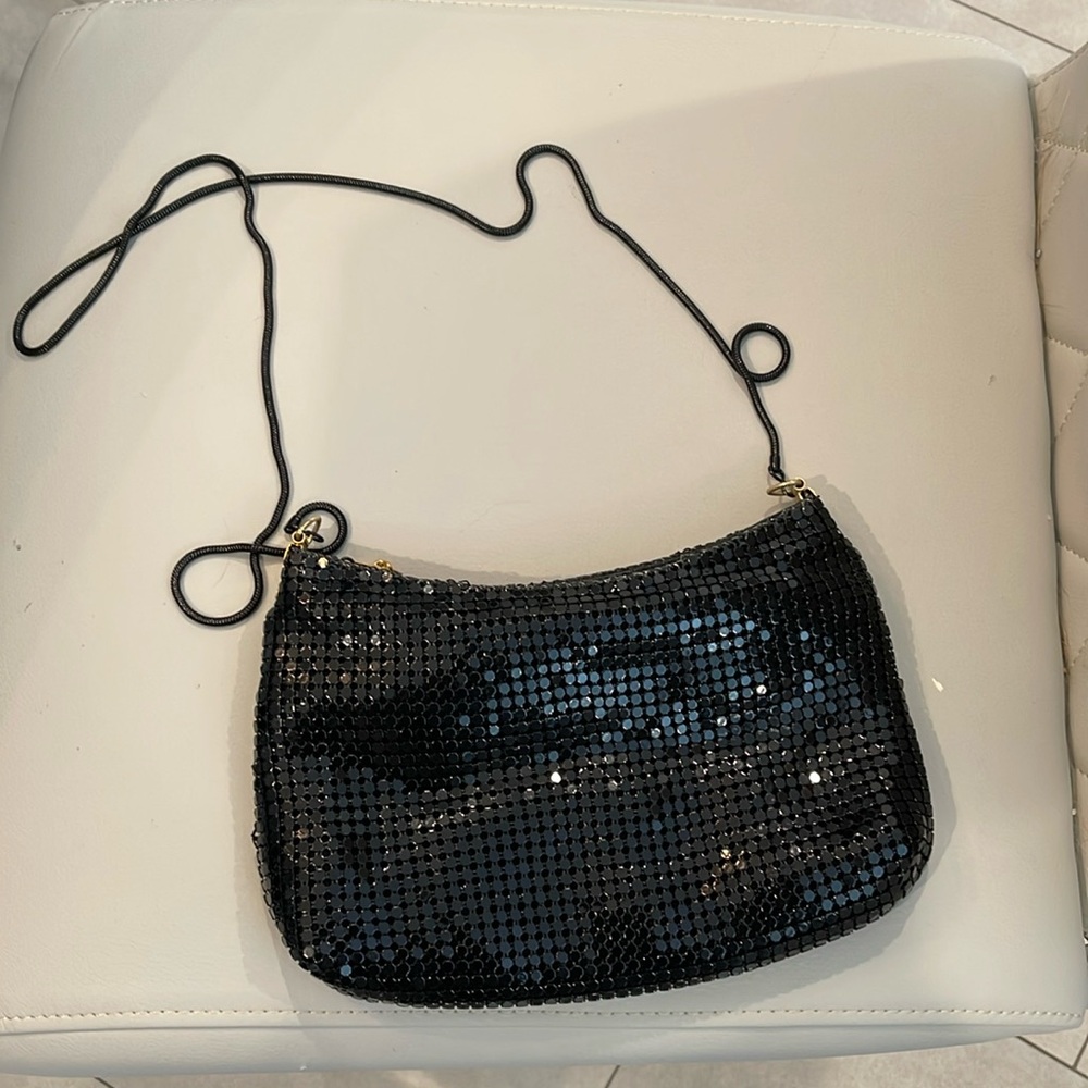 Black metal “sequin” evening purse with 20” strap